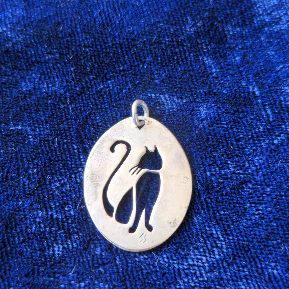 Oval silver tone pendant with intricately carved cat - Picture 3 of 4